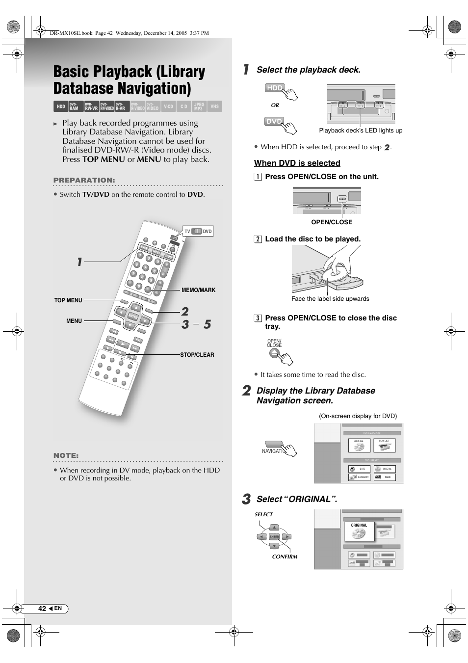 Basic playback (library database navigation), Abcde fghilm, Ab c - e | Select the playback deck, Display the library database navigation screen, Select “original | JVC DR-MX10SEK User Manual | Page 42 / 128