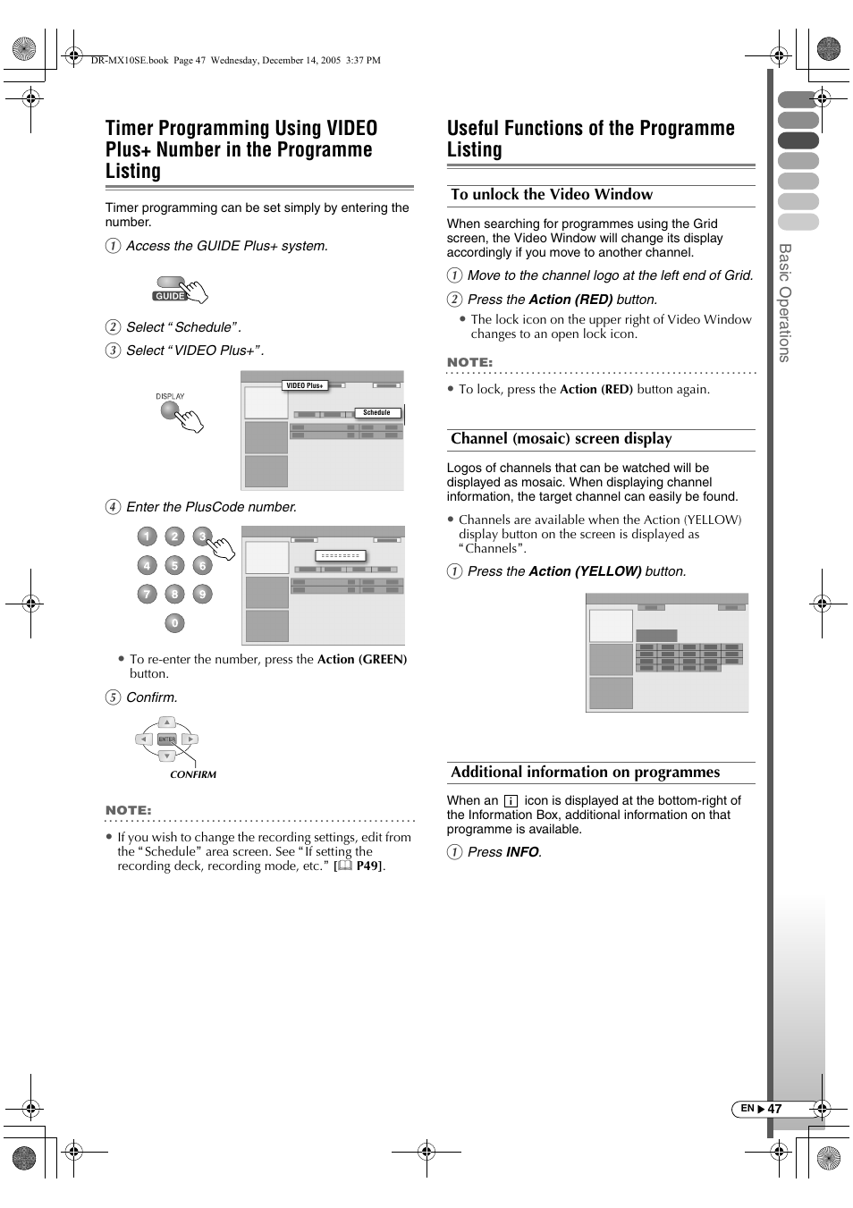 Useful functions of the programme listing, Timer programming using video plus+ number, In the programme listing | JVC DR-MX10SEK User Manual | Page 47 / 128