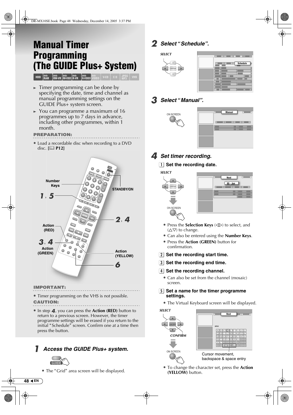 Manual timer programming (the guide plus+ system), Manual timer programming, The guide plus+ system) | Abcdef ghilm, A, e b , d c , d | JVC DR-MX10SEK User Manual | Page 48 / 128