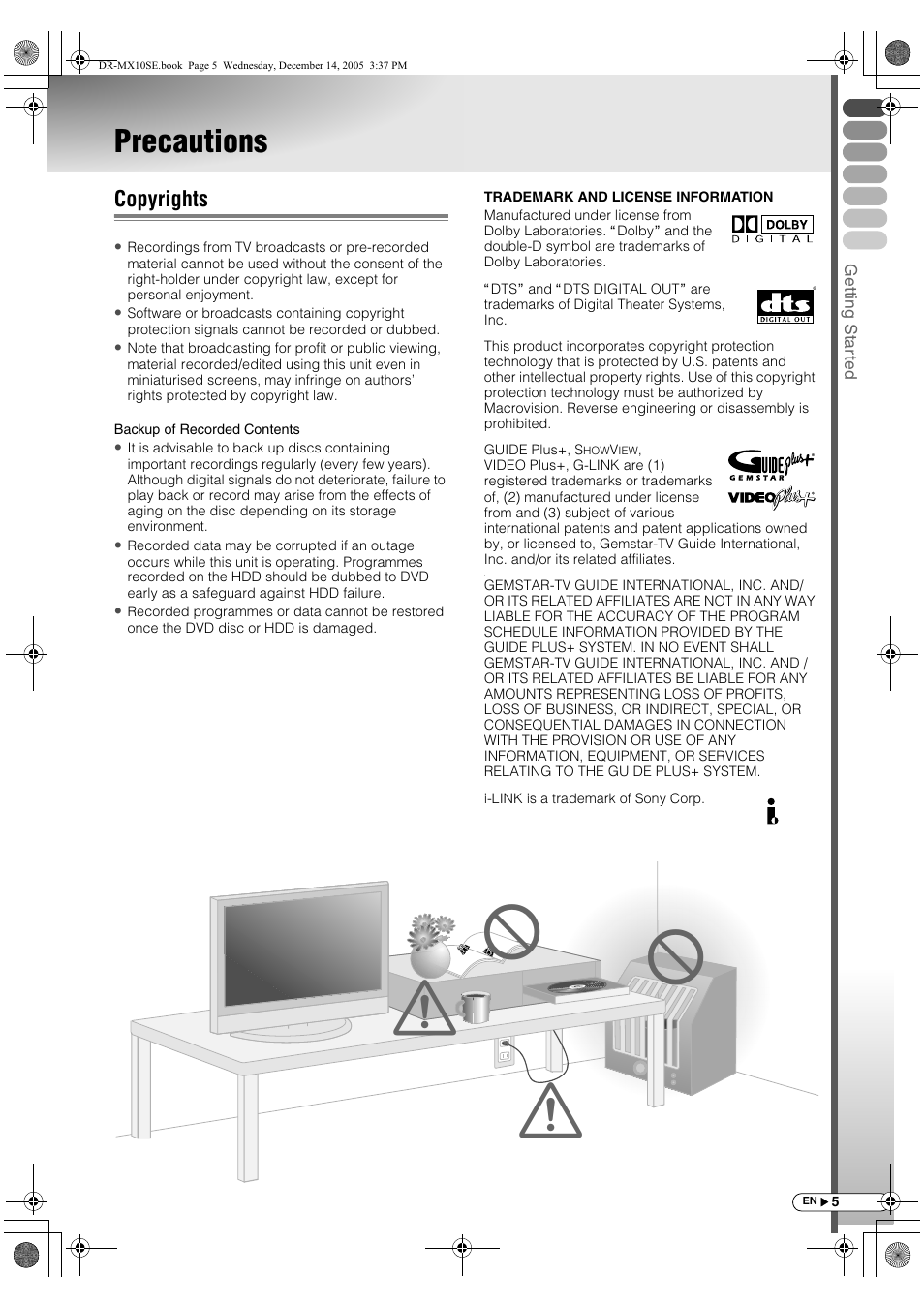 Precautions, Copyrights, Db b | JVC DR-MX10SEK User Manual | Page 5 / 128