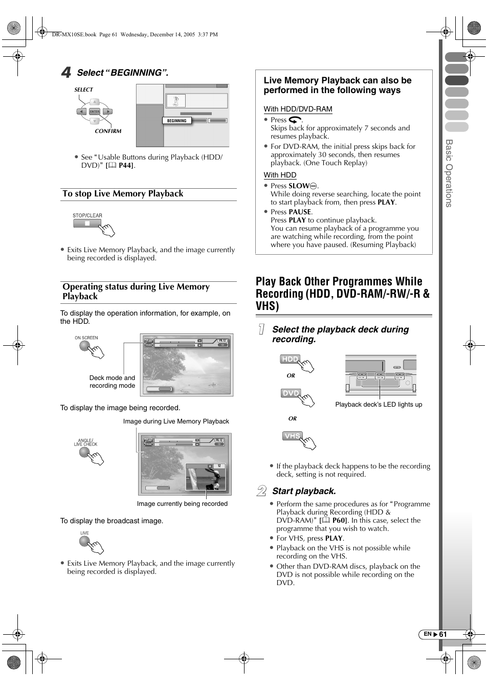 Play back other programmes while recording, Hdd, dvd-ram/-rw/-r & vhs) | JVC DR-MX10SEK User Manual | Page 61 / 128