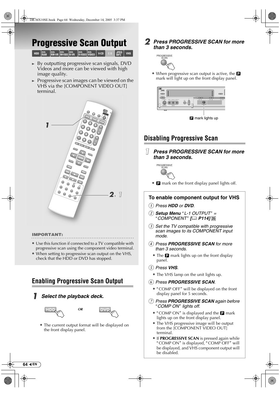 Progressive scan output, Enabling progressive scan output, Disabling progressive scan | Abcdefgh i lm, Ab , a | JVC DR-MX10SEK User Manual | Page 64 / 128