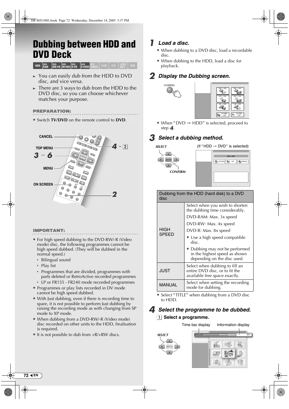Dubbing between hdd and dvd deck, Abcdef ghilm, Bc - f d | Load a disc, Display the dubbing screen, Select a dubbing method, Select the programme to be dubbed | JVC DR-MX10SEK User Manual | Page 72 / 128