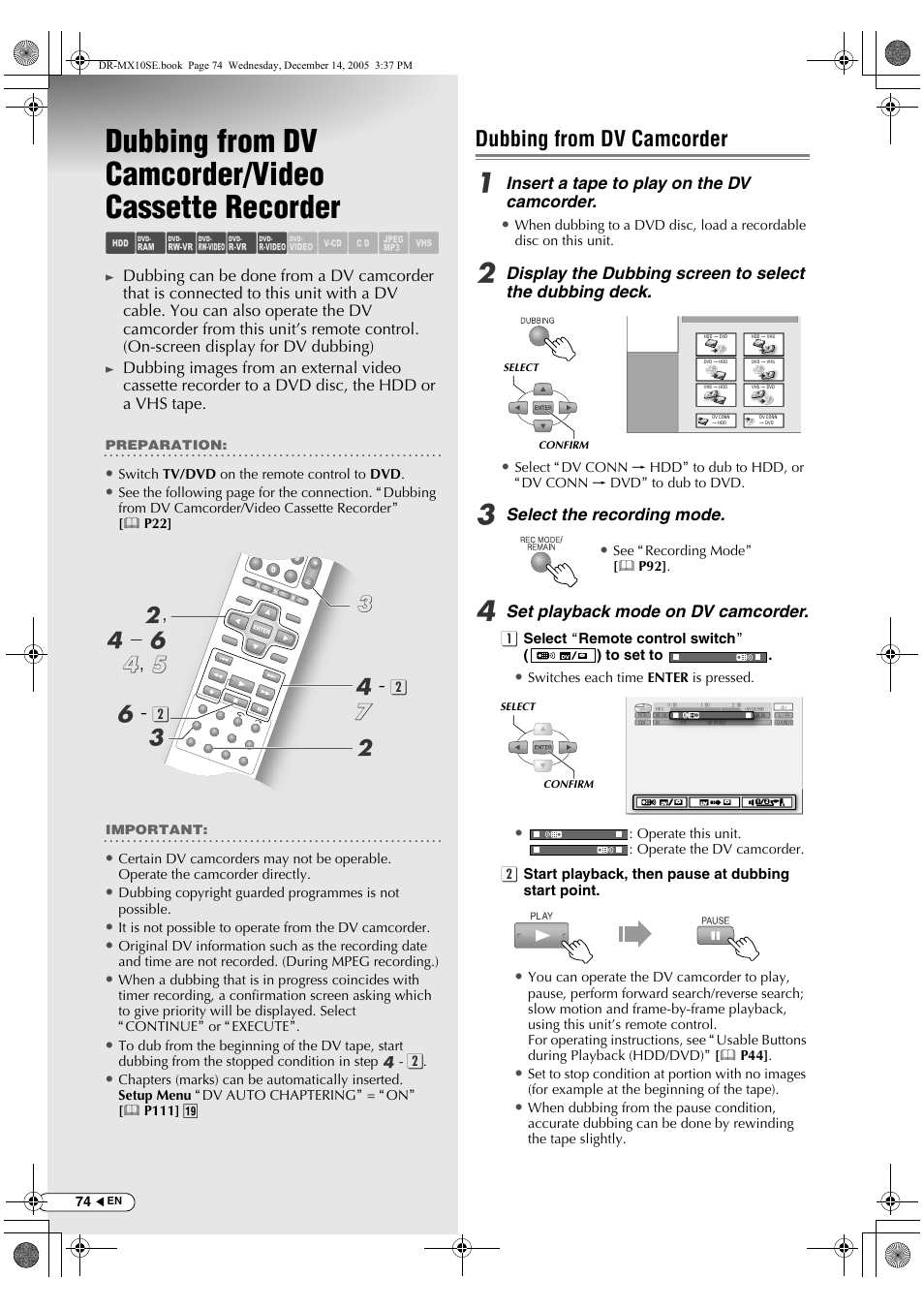 Dubbing from dv camcorder/video cassette recorder, Dubbing from dv camcorder, Video cassette recorder | Abcdef ghilm, B, d - f d , e d | JVC DR-MX10SEK User Manual | Page 74 / 128