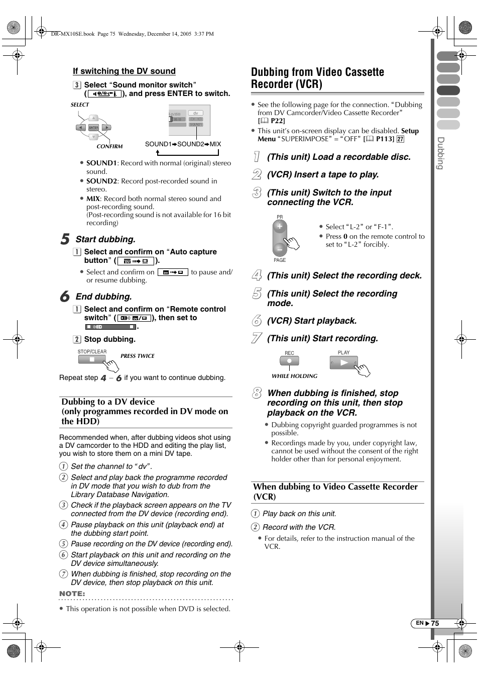 Dubbing from video cassette recorder (vcr) | JVC DR-MX10SEK User Manual | Page 75 / 128