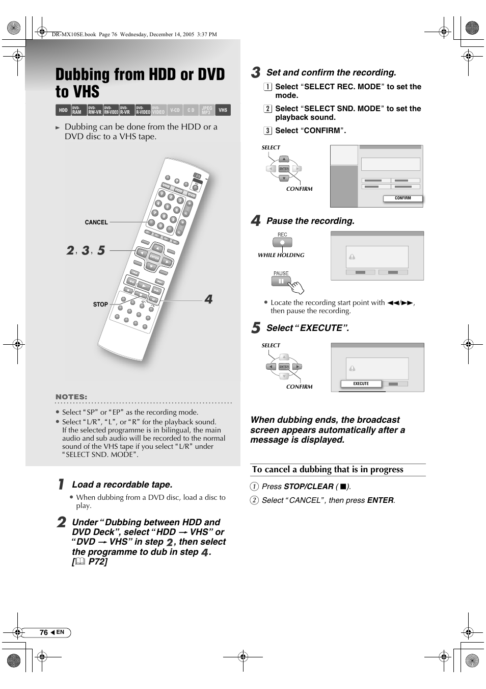 Dubbing from hdd or dvd to vhs, Abcdef ghil m, Db , c , e | JVC DR-MX10SEK User Manual | Page 76 / 128