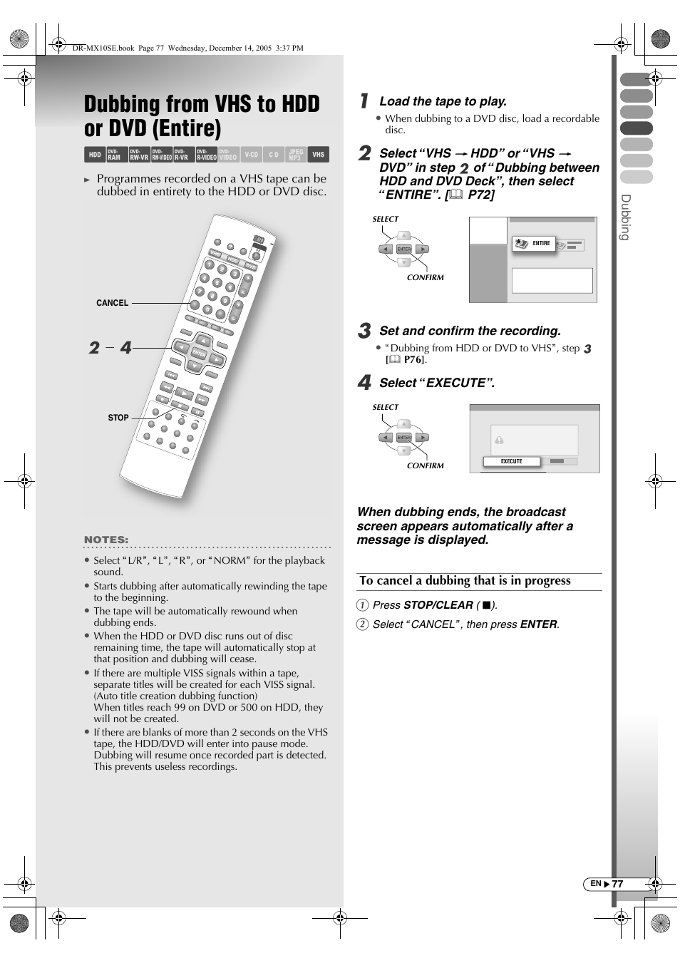 Dubbing from vhs to hdd or dvd (entire), Abcdef ghil m, B- d | JVC DR-MX10SEK User Manual | Page 77 / 128