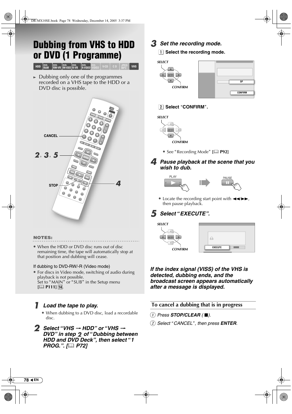 Dubbing from vhs to hdd or dvd (1 programme), Abcdef ghil m, B, c , e d | JVC DR-MX10SEK User Manual | Page 78 / 128