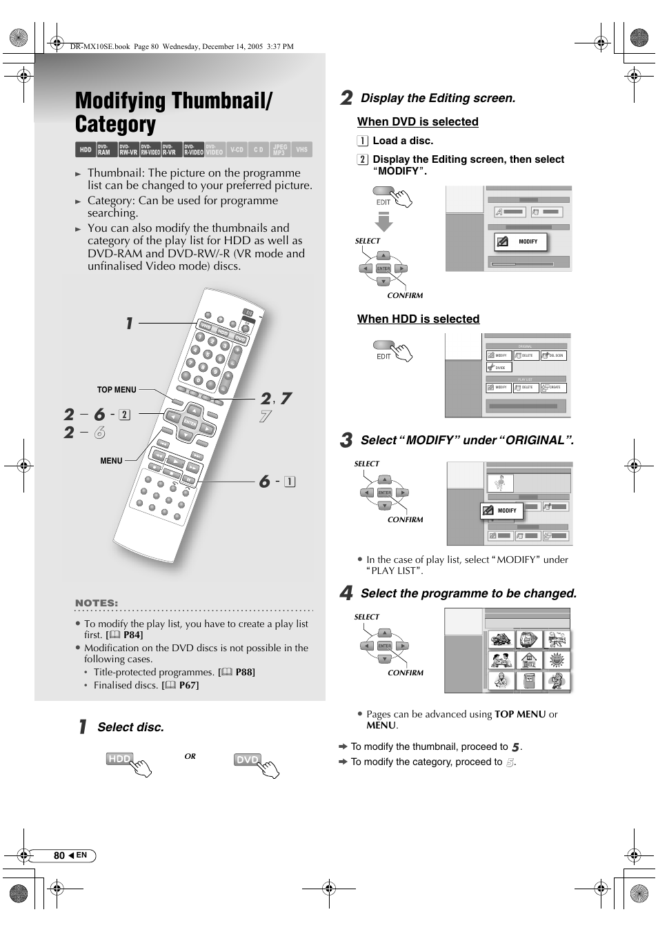 Editing, Modifying thumbnail/ category, Modifying thumbnail/category | Abcdef ghilm, B- f | JVC DR-MX10SEK User Manual | Page 80 / 128