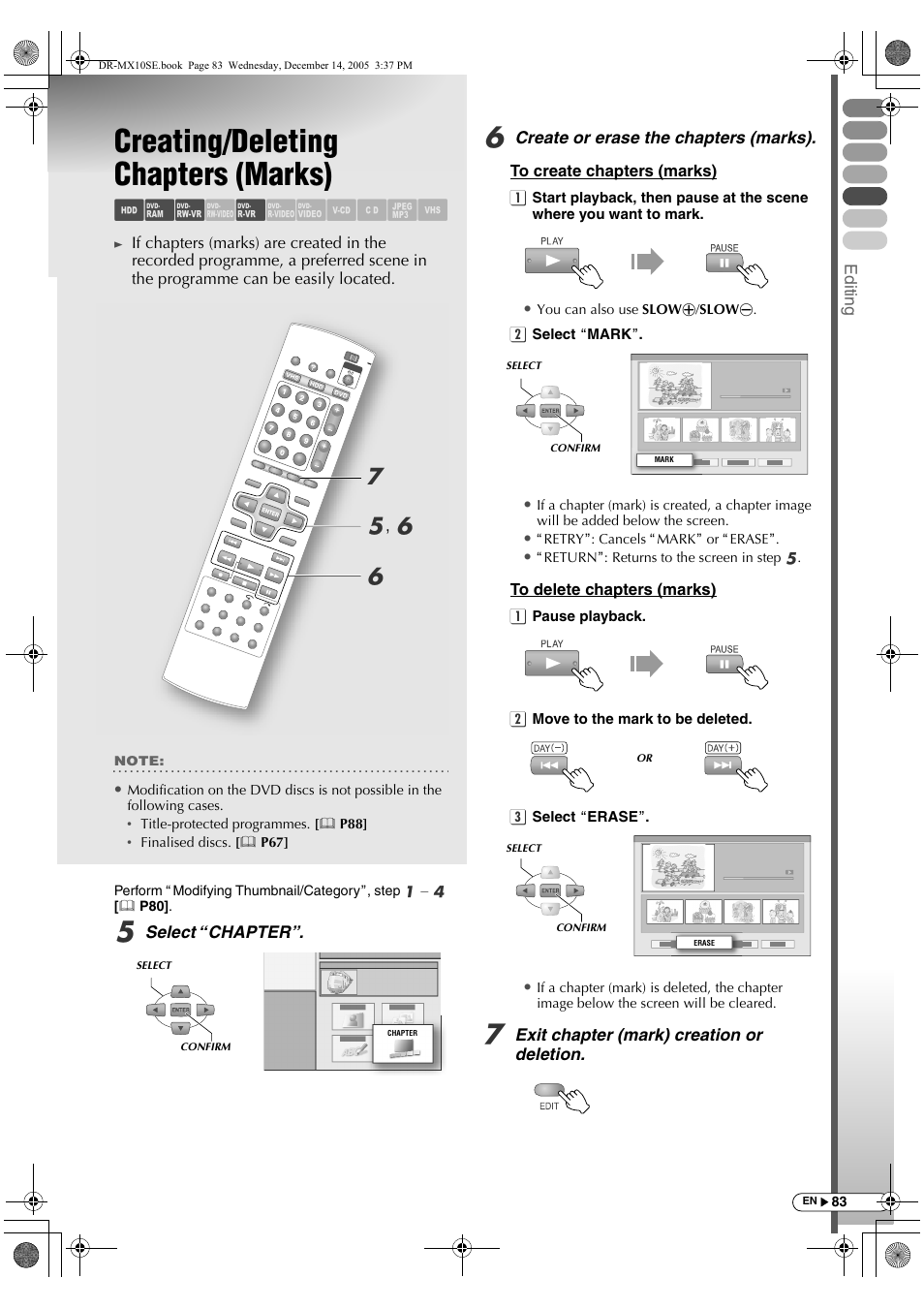 Creating/deleting chapters (marks), Abc d e fghilm, Fg e , f | JVC DR-MX10SEK User Manual | Page 83 / 128