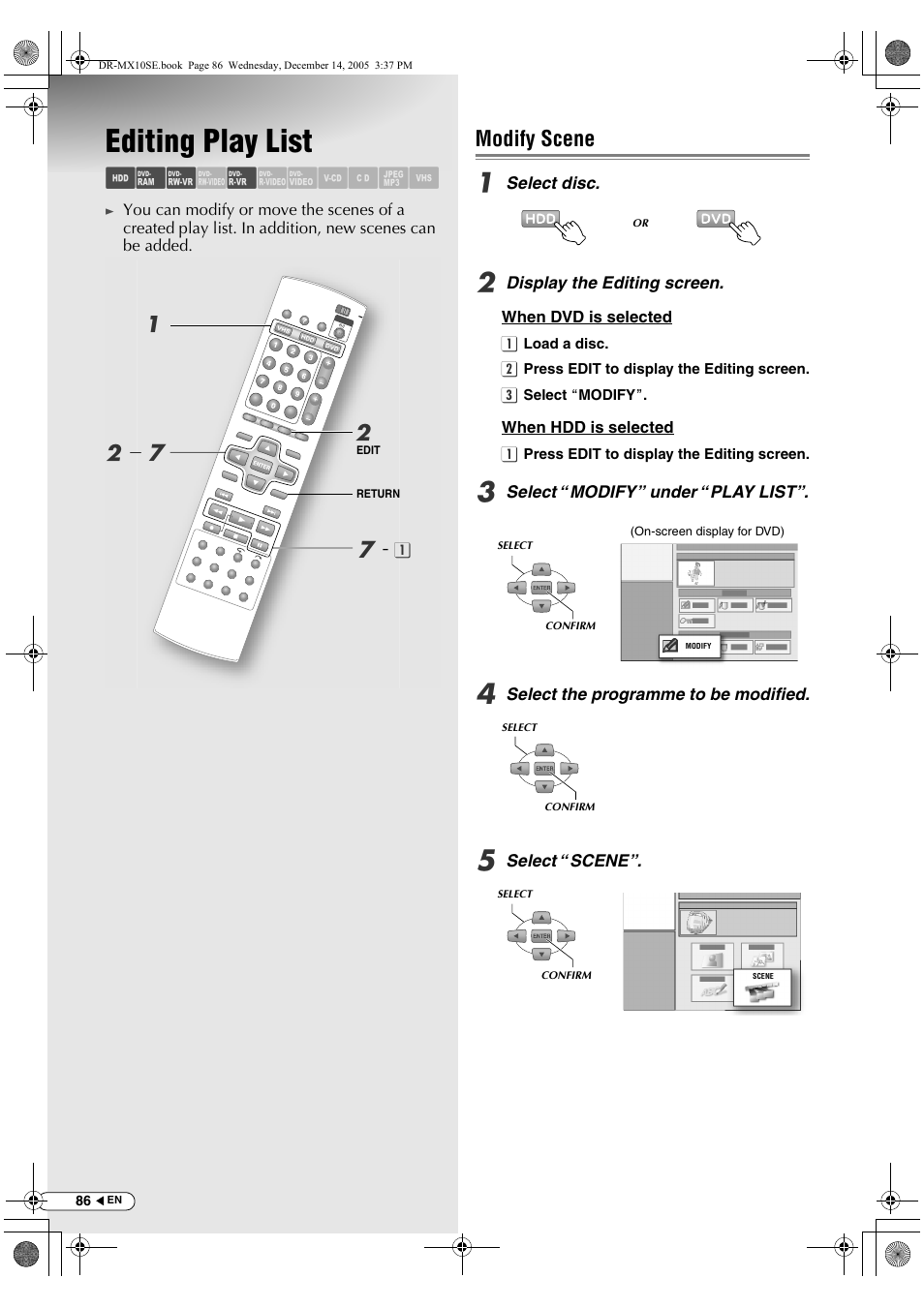 Editing play list, Modify scene, Abc d e fghilm | JVC DR-MX10SEK User Manual | Page 86 / 128