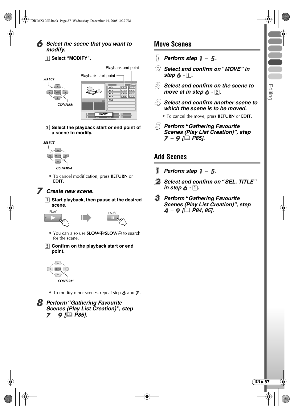 Move scenes, Add scenes, Move scenes add scenes | JVC DR-MX10SEK User Manual | Page 87 / 128