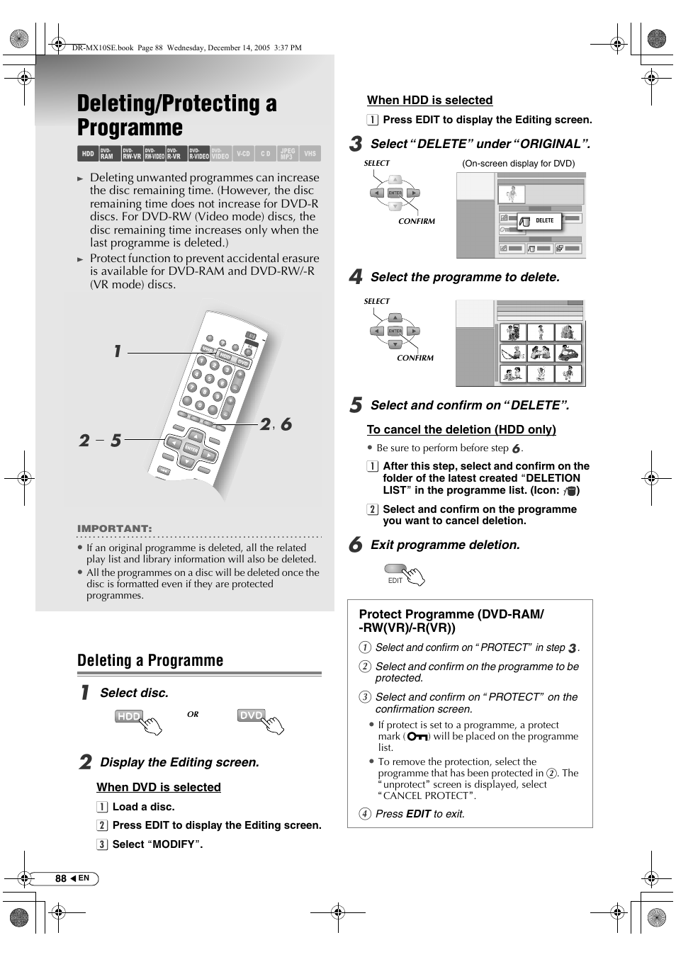Deleting/protecting a programme, Deleting a programme, Abcdef ghilm | B, f b - e a | JVC DR-MX10SEK User Manual | Page 88 / 128
