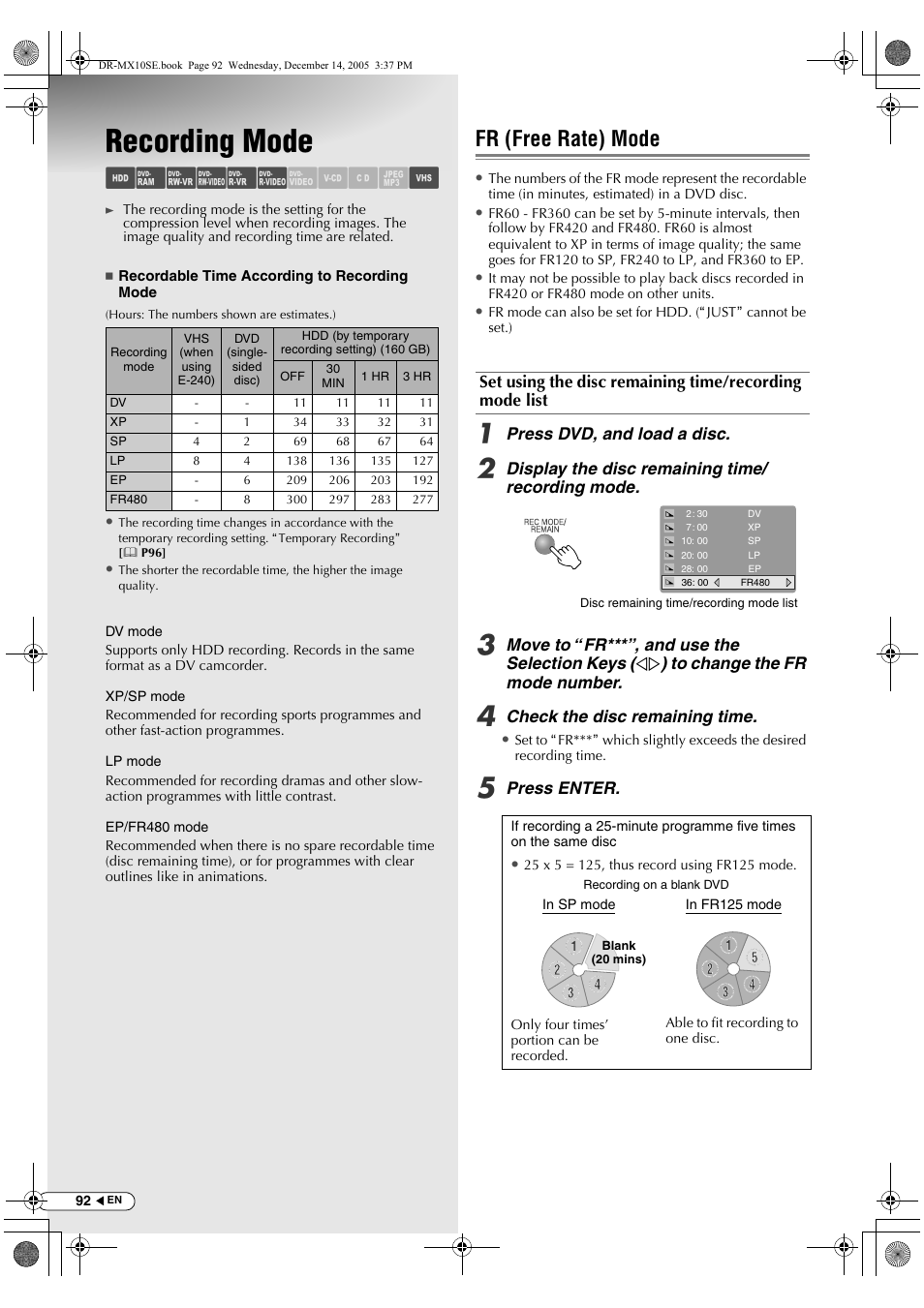 Recording mode, Fr (free rate) mode, Abcdef ghil m | JVC DR-MX10SEK User Manual | Page 92 / 128