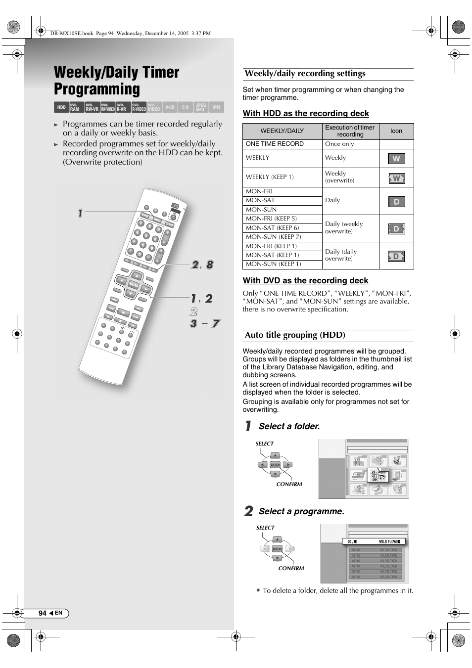Weekly/daily timer programming, Abcdef ghilm, B, h a , b b c - g a | JVC DR-MX10SEK User Manual | Page 94 / 128
