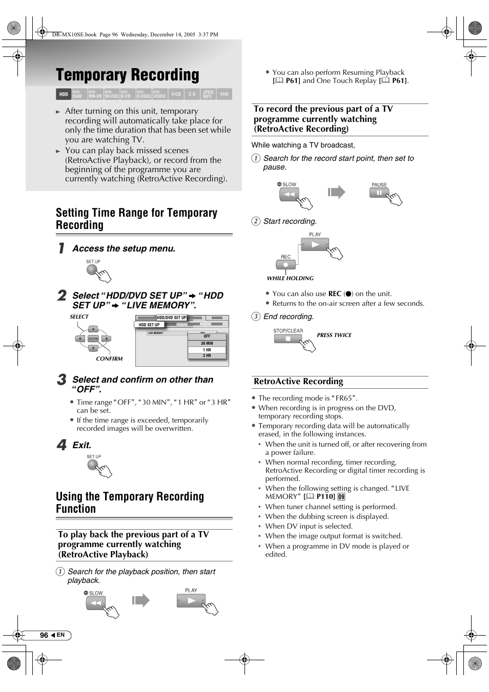 Temporary recording, Setting time range for temporary recording, Using the temporary recording function | Abcdefghilm | JVC DR-MX10SEK User Manual | Page 96 / 128