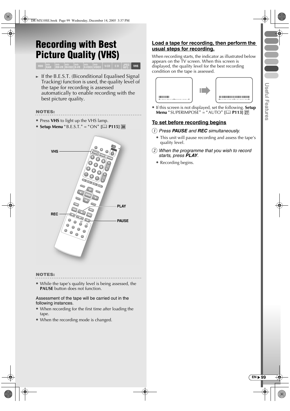 Recording with best picture quality (vhs), Abcdefghil m | JVC DR-MX10SEK User Manual | Page 99 / 128