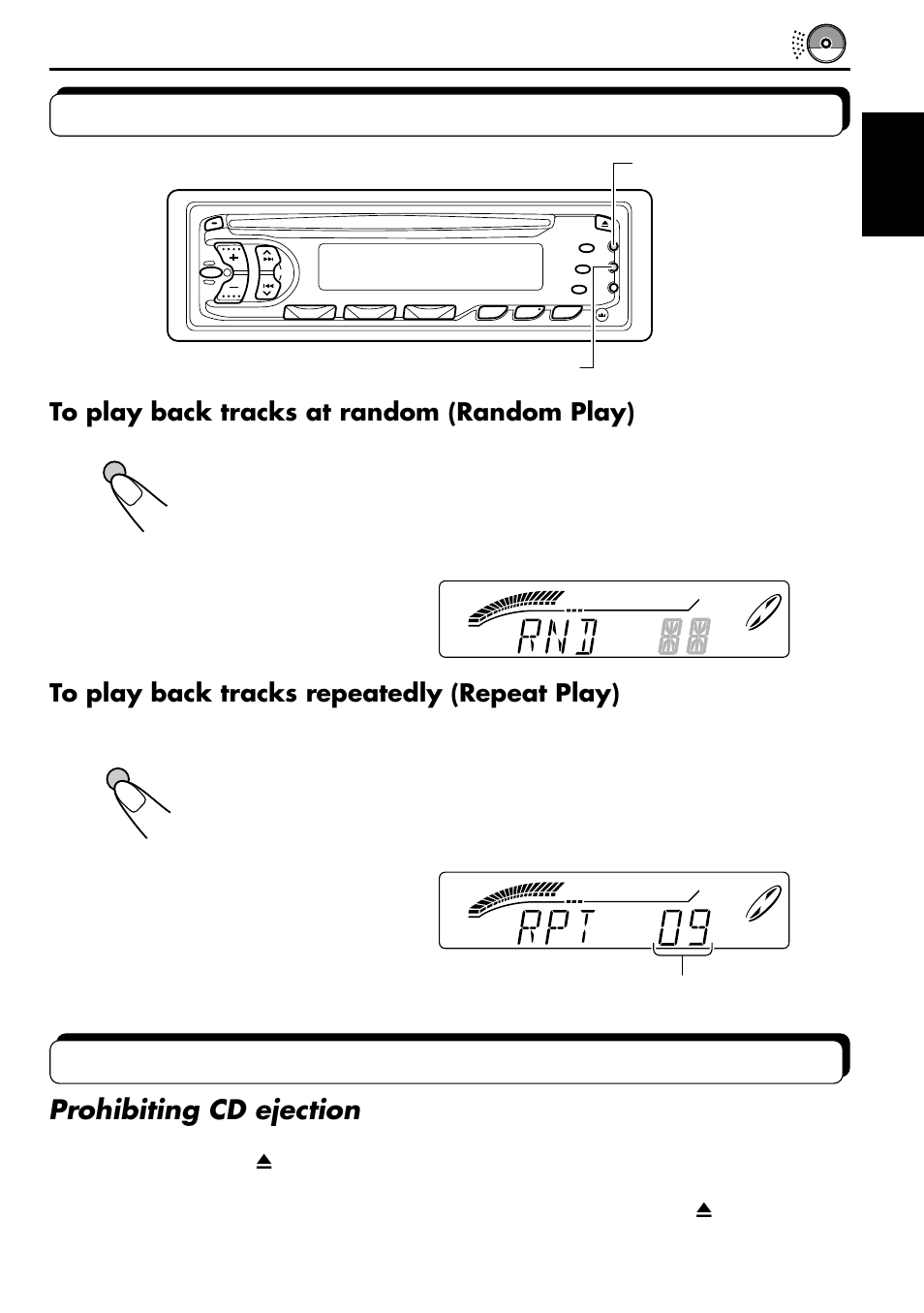 Selecting cd playback modes, Other convenient cd functions, Prohibiting cd ejection | JVC KD-S707R User Manual | Page 19 / 35