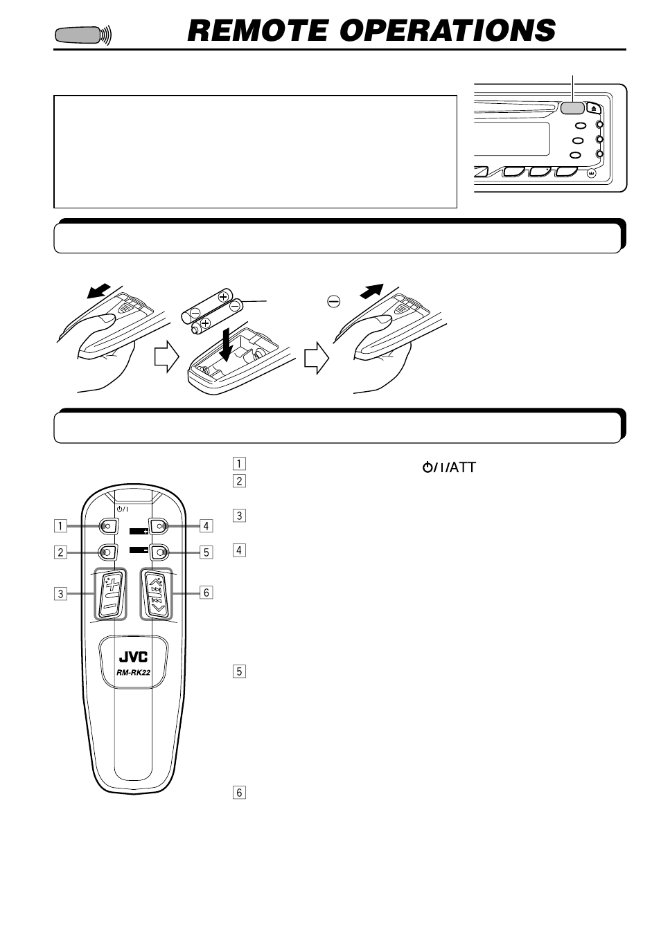 Remote operations, Using the remote controller, Installing the batteries | JVC KD-S707R User Manual | Page 28 / 35