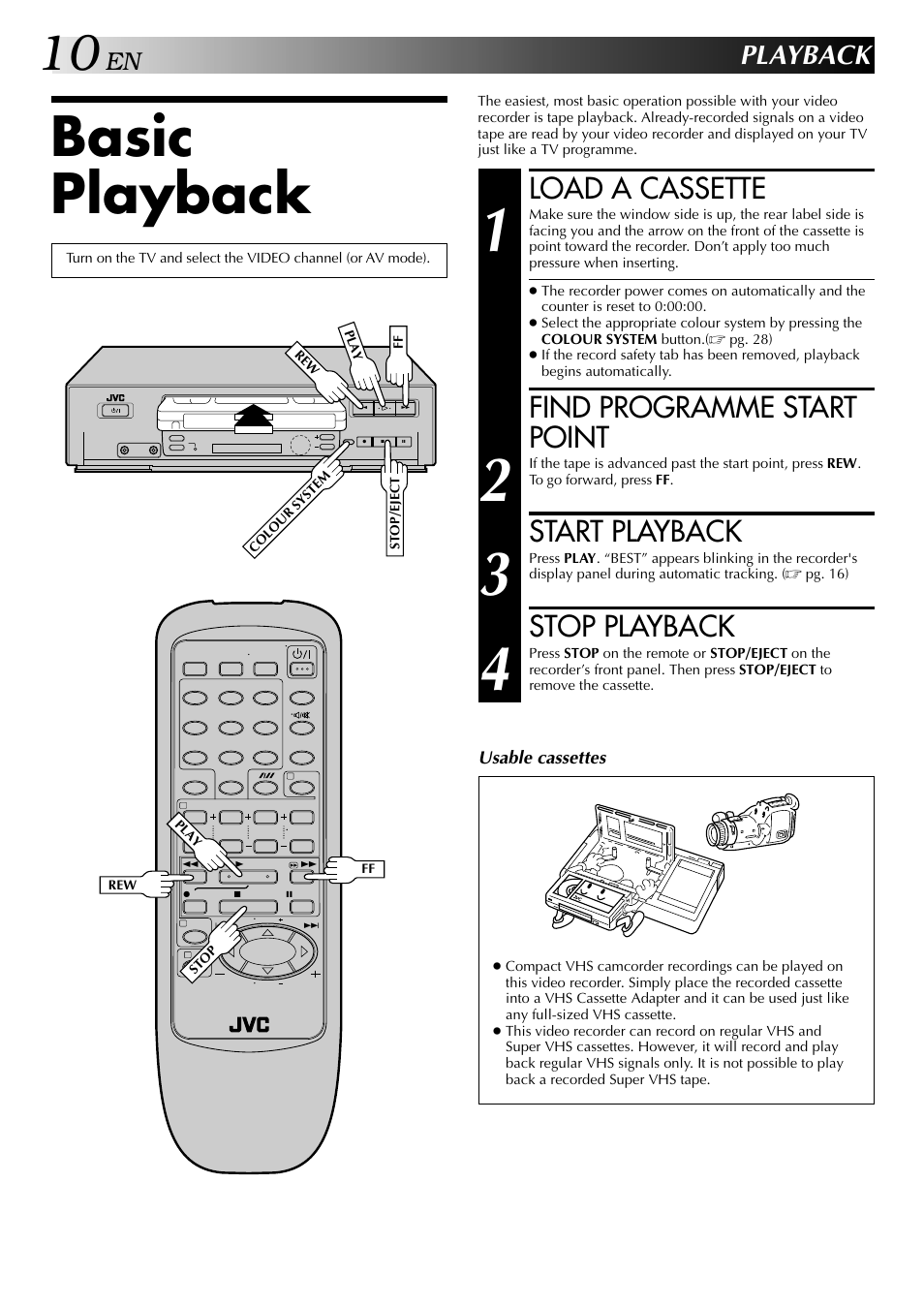Basic playback, Load a cassette, Find programme start point | Start playback, Stop playback, Playback | JVC HR-J249EE User Manual | Page 10 / 44