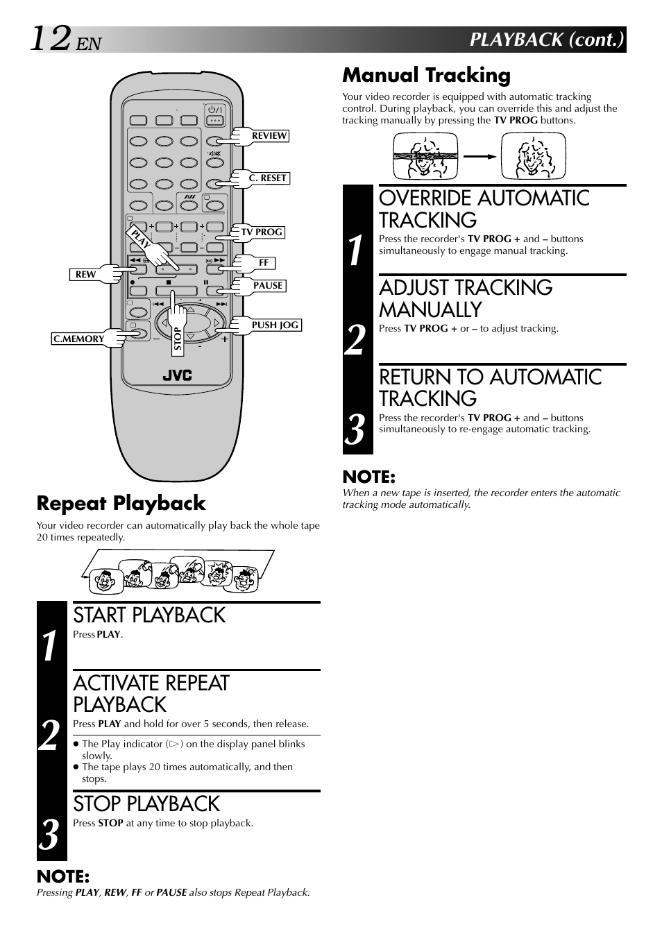 Override automatic tracking, Adjust tracking manually, Return to automatic tracking | Start playback, Activate repeat playback, Stop playback, Playback (cont.), Manual tracking, Repeat playback | JVC HR-J249EE User Manual | Page 12 / 44