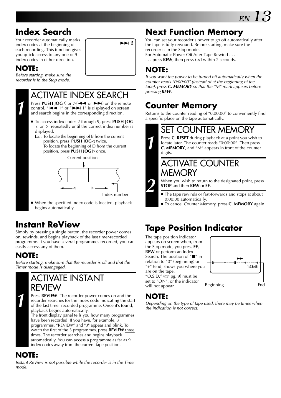 Activate index search, Activate instant review, Index search | Instant review, Tape position indicator | JVC HR-J249EE User Manual | Page 13 / 44