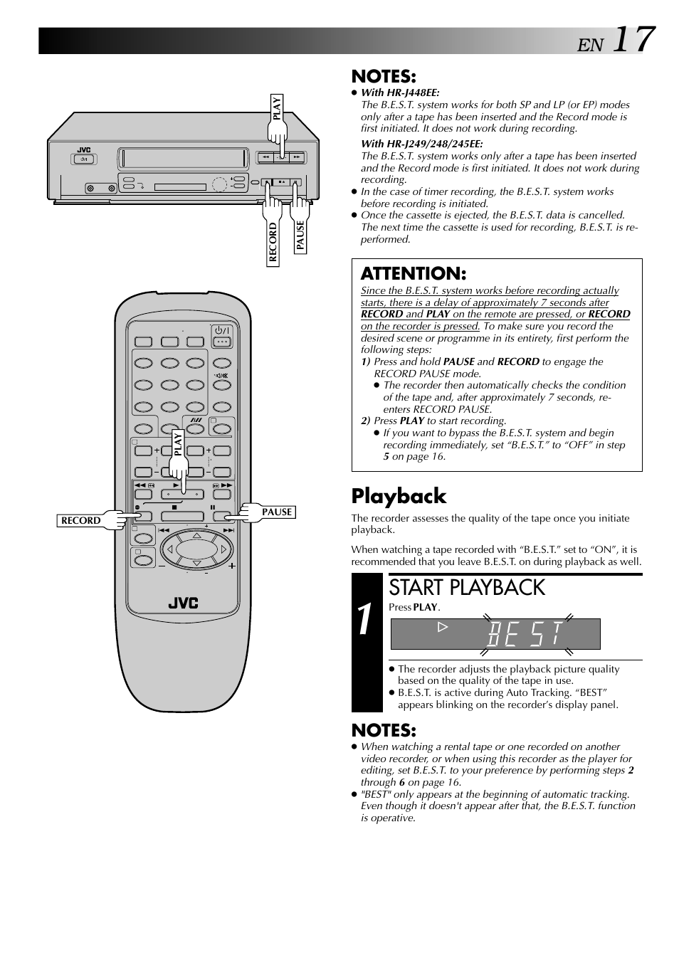 Start playback, Playback, Attention | JVC HR-J249EE User Manual | Page 17 / 44