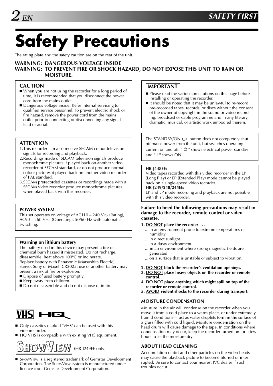 Safety precautions, Safety first | JVC HR-J249EE User Manual | Page 2 / 44