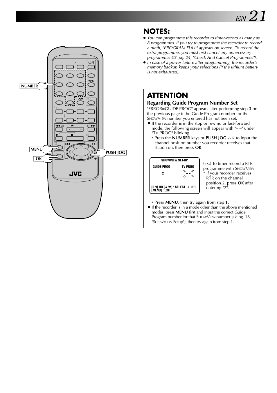 Attention, Regarding guide program number set | JVC HR-J249EE User Manual | Page 21 / 44