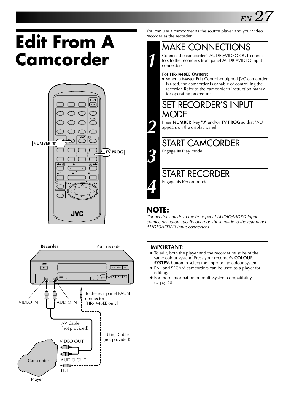 Edit from a camcorder, Make connections, Set recorder’s input mode | Start camcorder, Start recorder | JVC HR-J249EE User Manual | Page 27 / 44