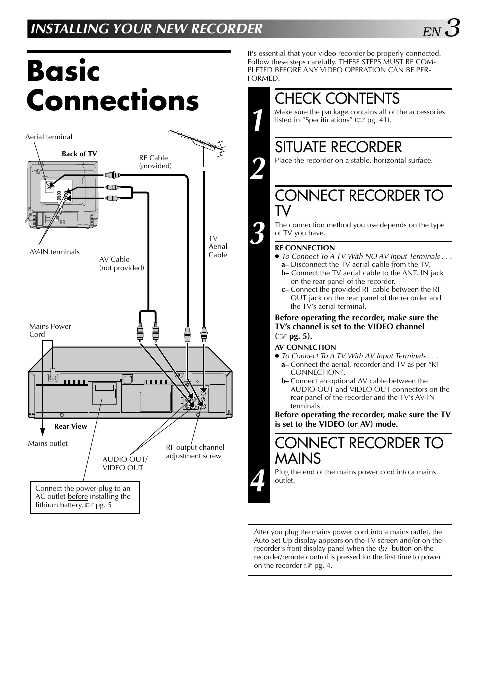 Basic connections, Check contents, Situate recorder | Connect recorder to tv, Connect recorder to mains, Installing your new recorder | JVC HR-J249EE User Manual | Page 3 / 44