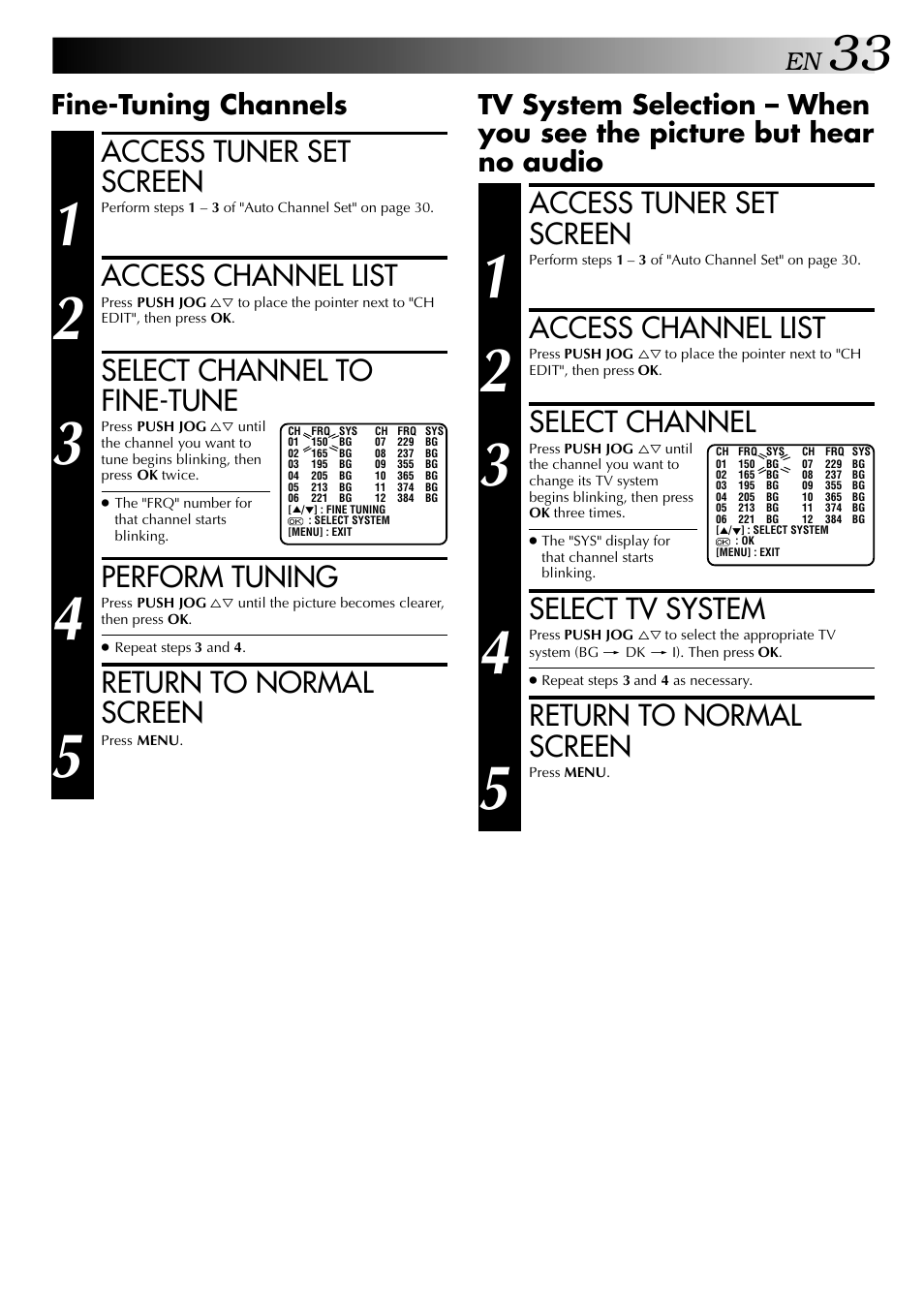 Access tuner set screen, Access channel list, Select channel to fine-tune | Perform tuning, Return to normal screen, Select channel, Select tv system, Fine-tuning channels | JVC HR-J249EE User Manual | Page 33 / 44