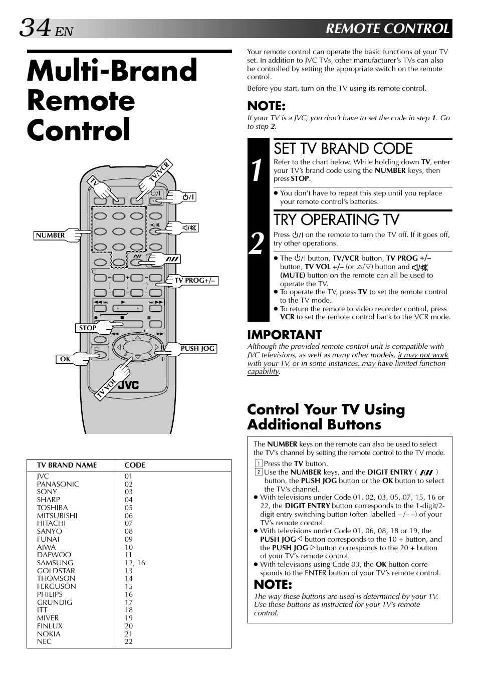 Multi-brand remote control, Set tv brand code, Try operating tv | Remote control, Control your tv using additional buttons, Important | JVC HR-J249EE User Manual | Page 34 / 44