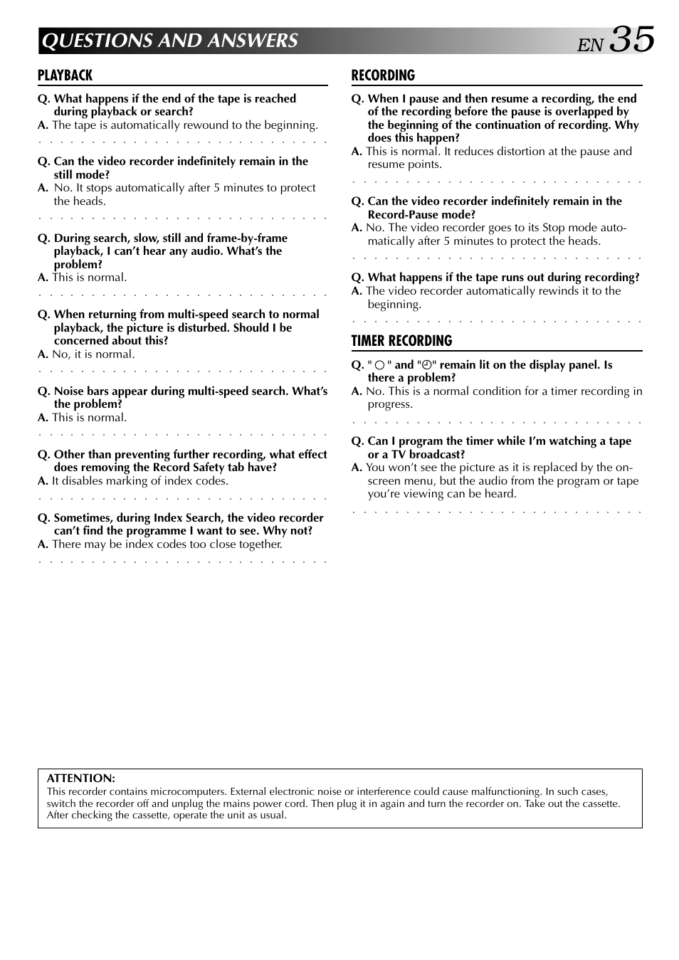 Questions and answers, Playback, Recording | Timer recording | JVC HR-J249EE User Manual | Page 35 / 44