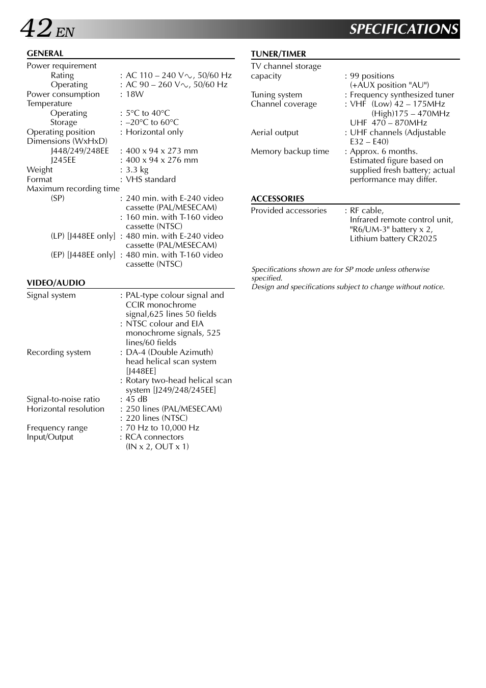 Specifications | JVC HR-J249EE User Manual | Page 42 / 44