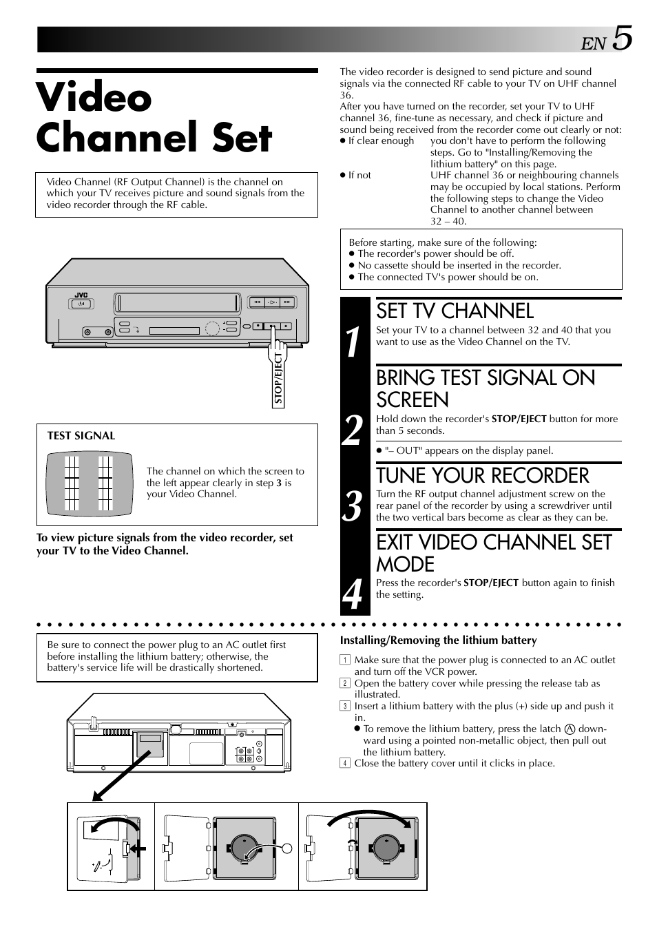 Video channel set, Set tv channel, Bring test signal on screen | Tune your recorder, Exit video channel set mode | JVC HR-J249EE User Manual | Page 5 / 44