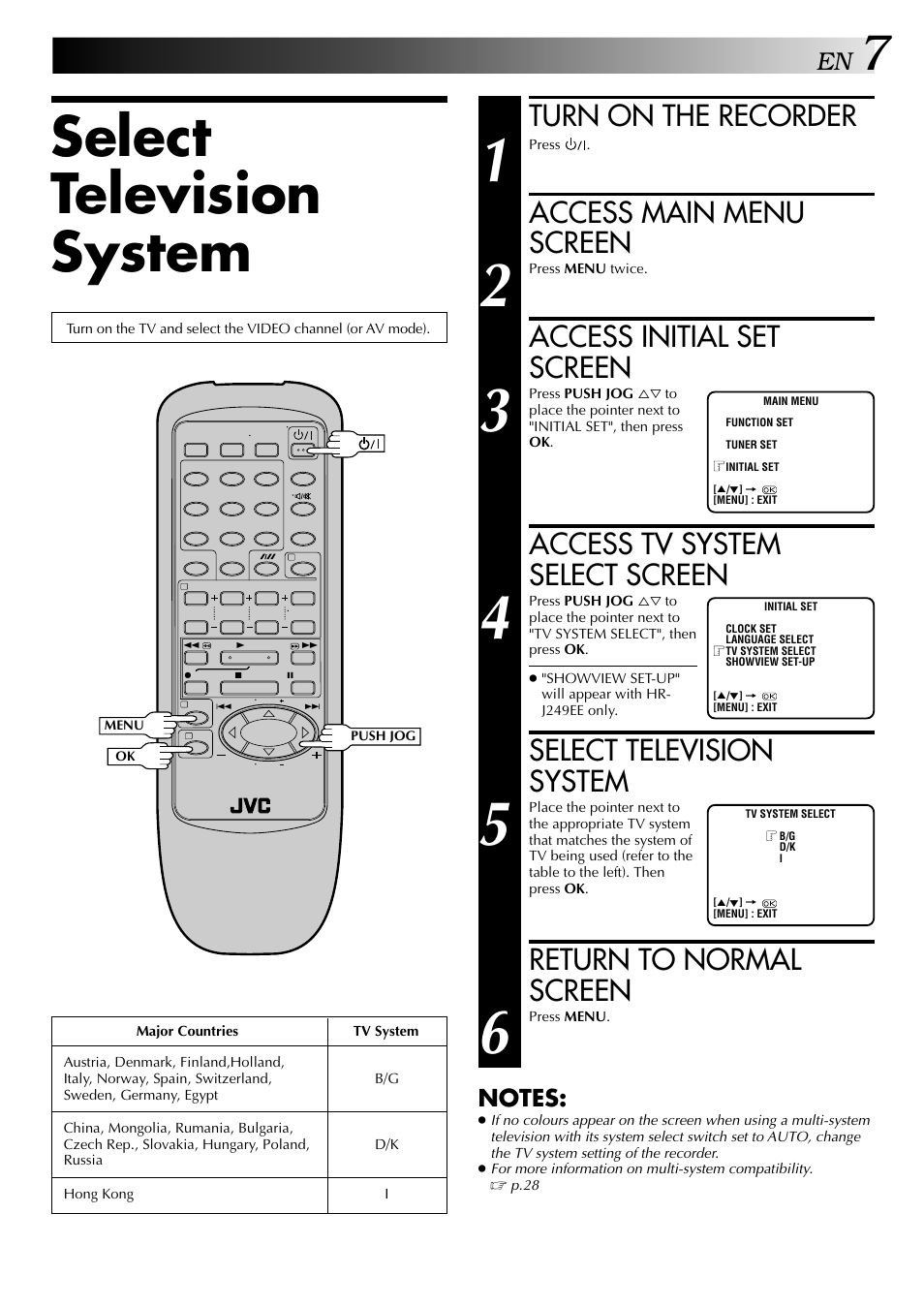 Turn on the recorder, Access main menu screen, Access initial set screen | Access tv system select screen, Select television system, Return to normal screen | JVC HR-J249EE User Manual | Page 7 / 44