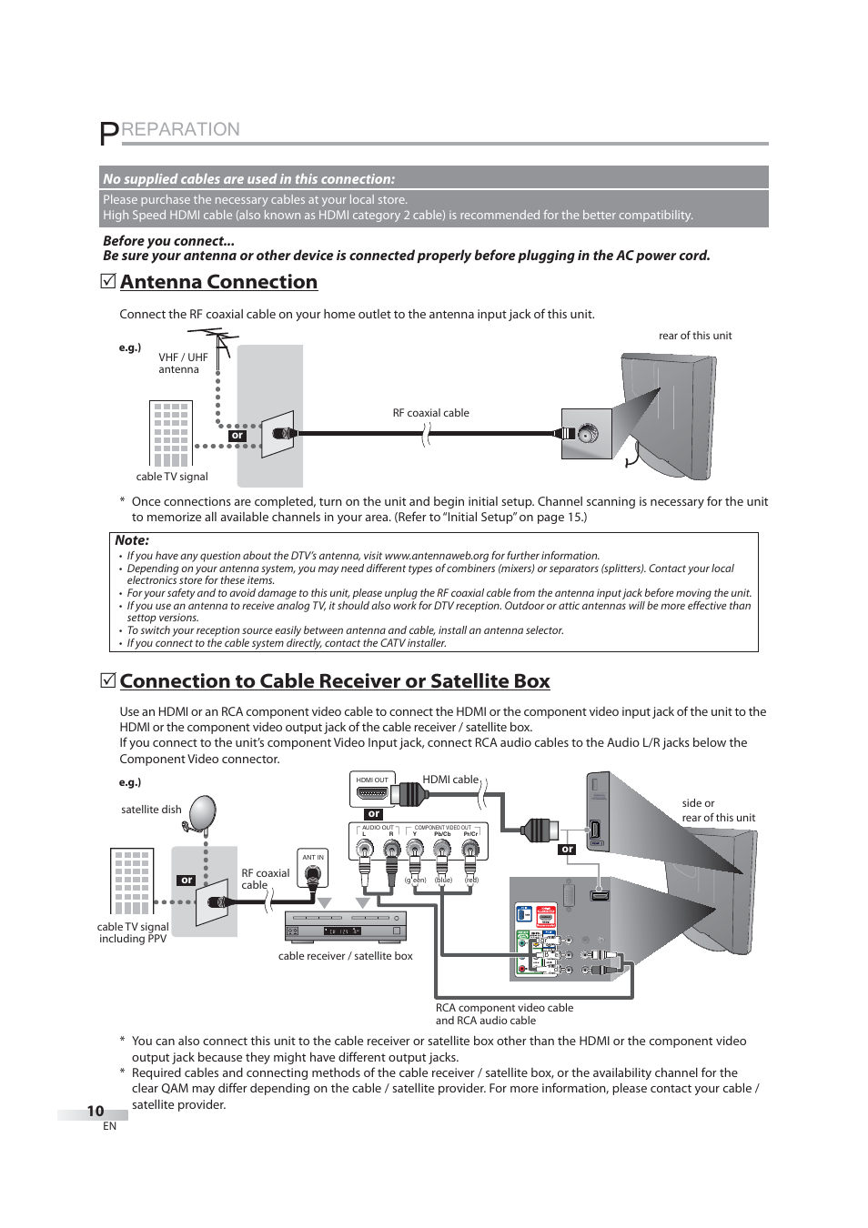 Preparation, Reparation, 5 antenna connection | 5 connection to cable receiver or satellite box, No supplied cables are used in this connection | JVC 1EMN24939 User Manual | Page 10 / 56