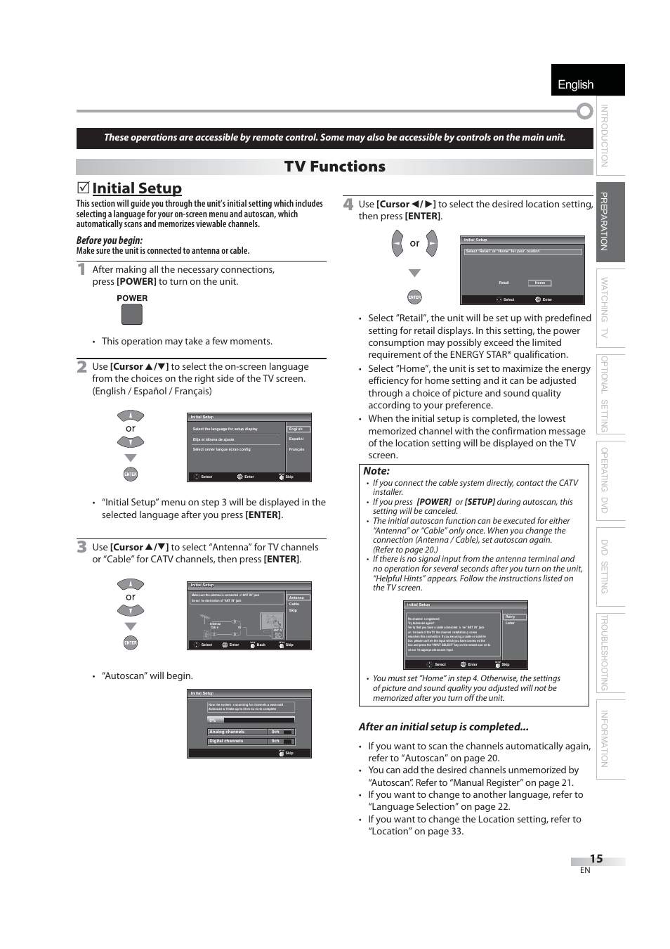 English, 5 initial setup, Tv functions | Before you begin, After an initial setup is completed, Autoscan” will begin | JVC 1EMN24939 User Manual | Page 15 / 56