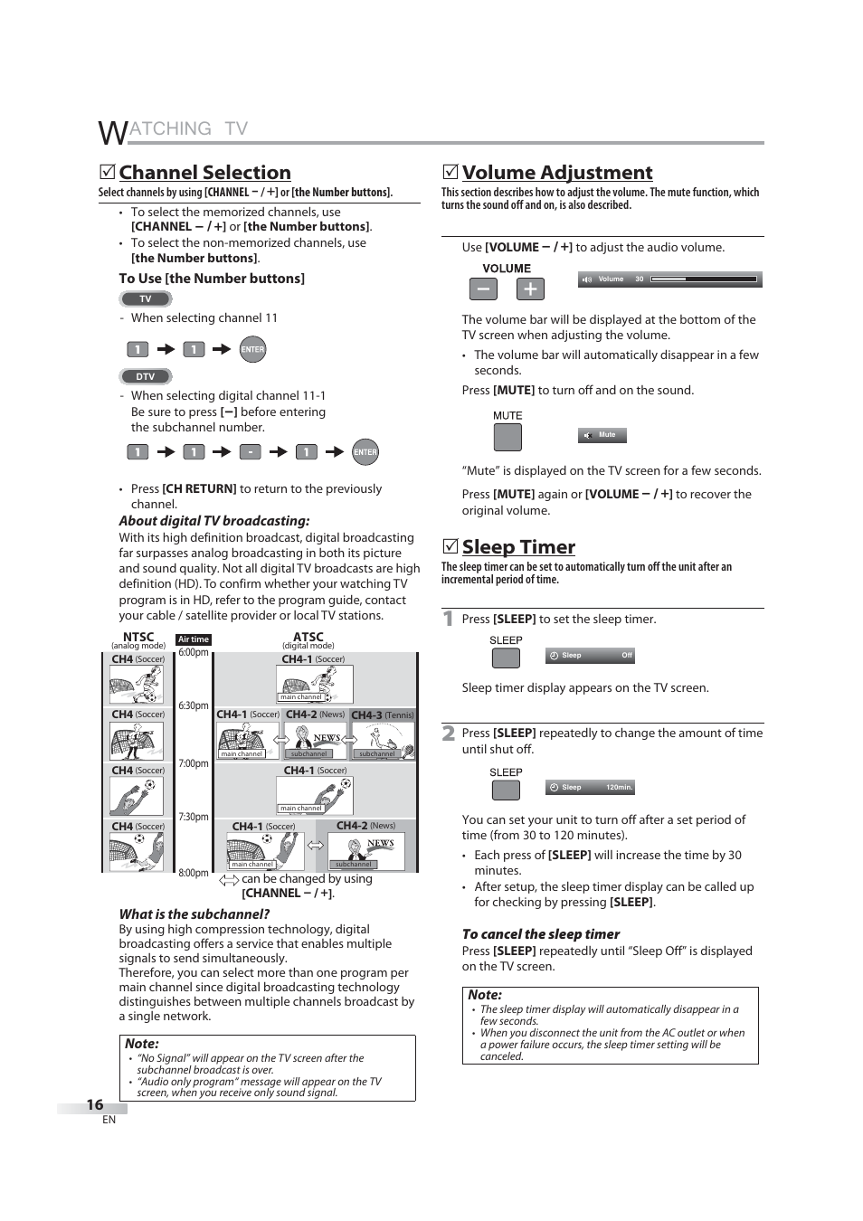 Watching tv, Atching tv, 5 channel selection | 5 volume adjustment, 5 sleep timer | JVC 1EMN24939 User Manual | Page 16 / 56