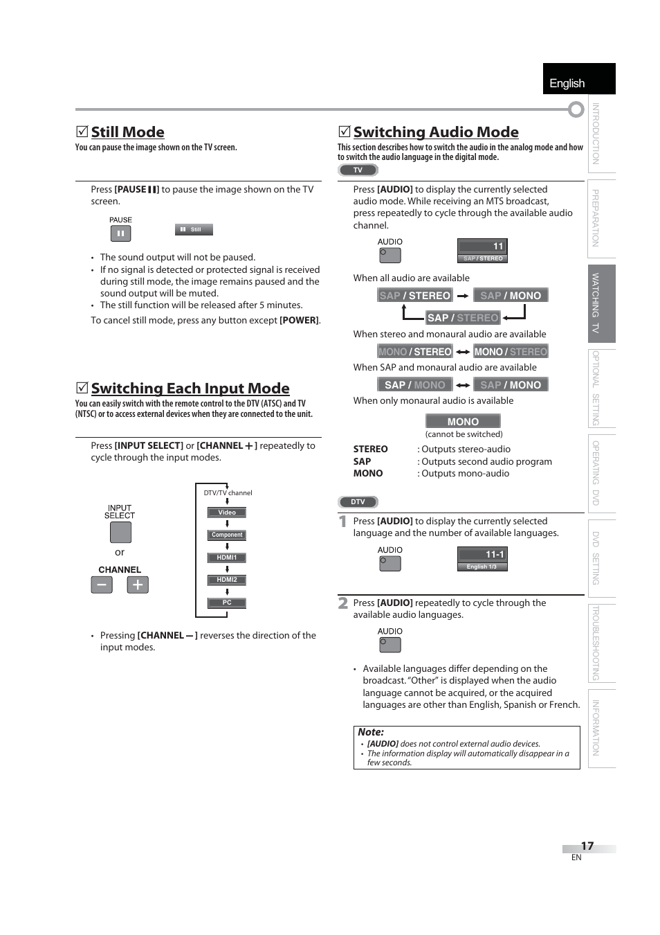 English, 5 still mode, 5 switching each input mode | 5 switching audio mode | JVC 1EMN24939 User Manual | Page 17 / 56