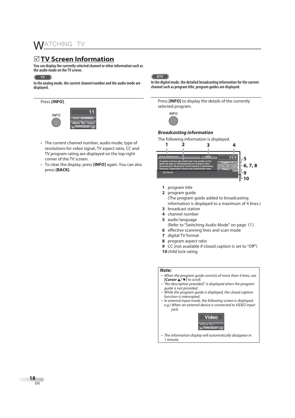 Atching tv, 5 tv screen information, Broadcasting information | JVC 1EMN24939 User Manual | Page 18 / 56