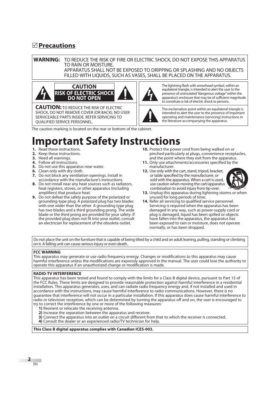 Important safety instructions, 5 precautions, Caution | Caution risk of electric shock do not open | JVC 1EMN24939 User Manual | Page 2 / 56