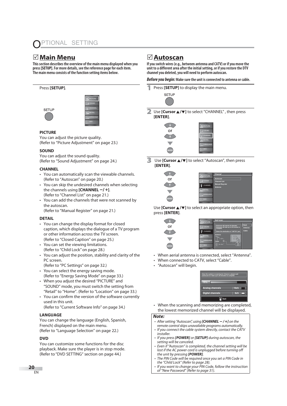 Optional setting, Ptional setting, 5 main menu | 5 autoscan, Before you begin | JVC 1EMN24939 User Manual | Page 20 / 56