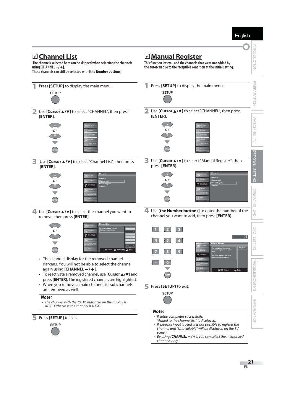 English, 5 channel list, 5 manual register | JVC 1EMN24939 User Manual | Page 21 / 56