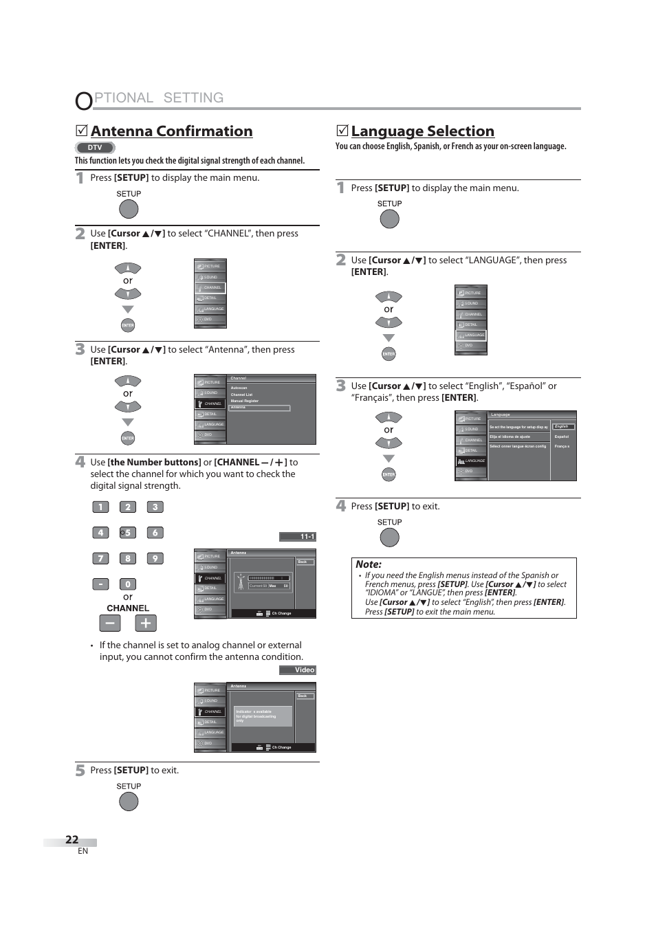 Ptional setting, 5 antenna confirmation, 5 language selection | JVC 1EMN24939 User Manual | Page 22 / 56