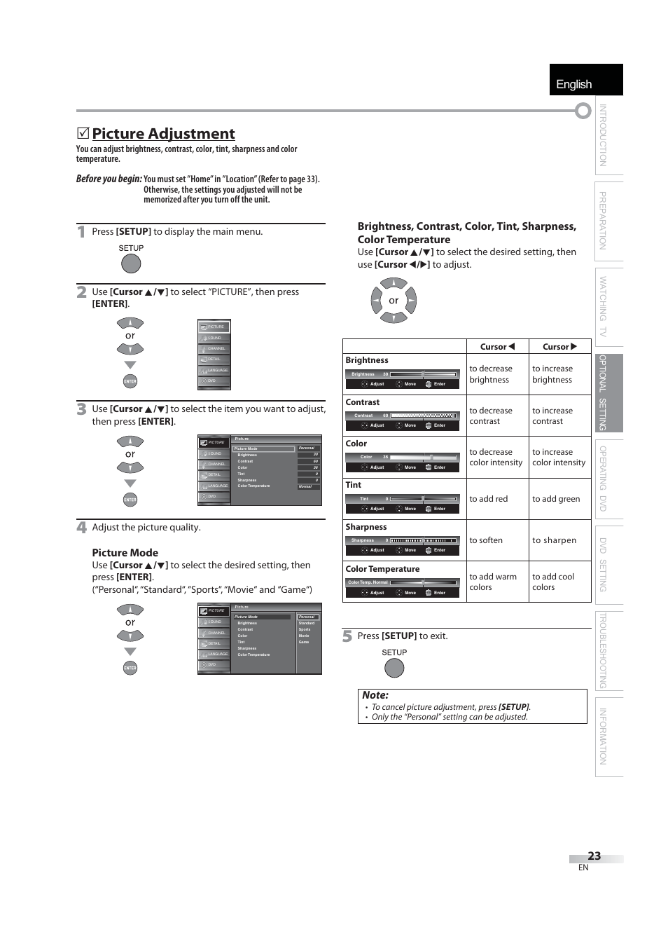 English, 5 picture adjustment, Before you begin | Picture mode, Press [setup] to display the main menu, Adjust the picture quality, Press [setup] to exit | JVC 1EMN24939 User Manual | Page 23 / 56