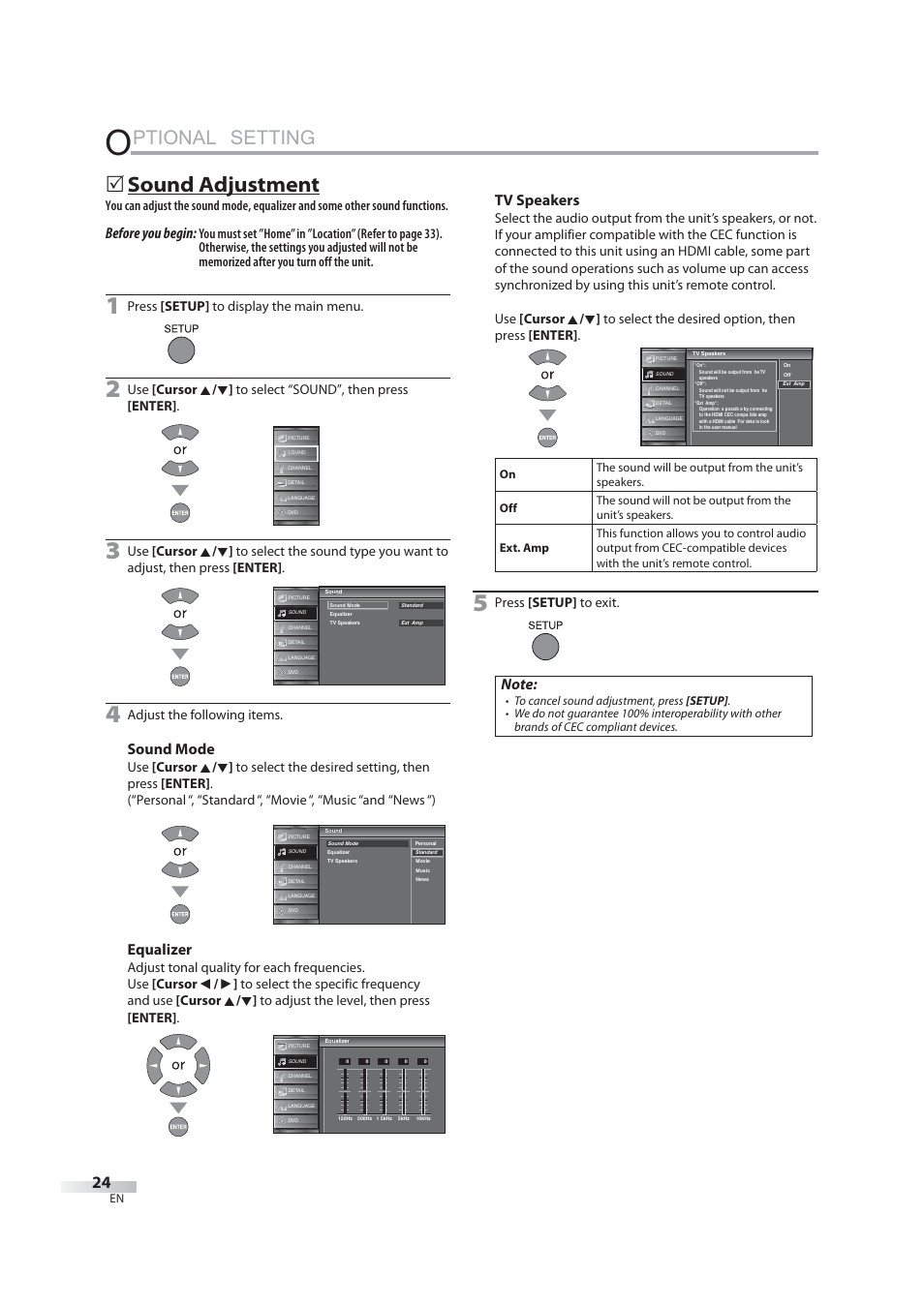 Ptional setting, 5 sound adjustment, Before you begin | Sound mode, Equalizer, Tv speakers, Press [setup] to display the main menu, Adjust the following items, Press [setup] to exit | JVC 1EMN24939 User Manual | Page 24 / 56