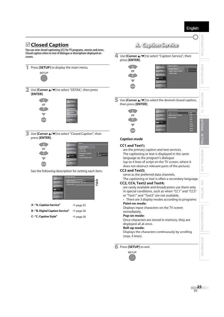 English, 5 closed caption, A. caption service | Caption mode cc1 and text1, Cc3 and text3, Cc2, cc4, text2 and text4, Press [setup] to display the main menu, Press [setup] to exit | JVC 1EMN24939 User Manual | Page 25 / 56