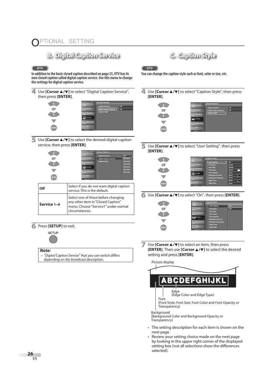 Ptional setting, B. digital caption service, C. caption style | Service, Press [setup] to exit | JVC 1EMN24939 User Manual | Page 26 / 56